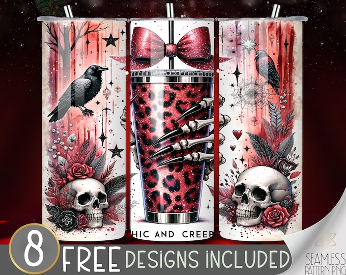 Skeleton Chic and Creepy Tumbler Wrap, Red Goth Coquette Bow PNG, Halloween Skull Design, Halloween Coquette Bow, Halloween Sublimation