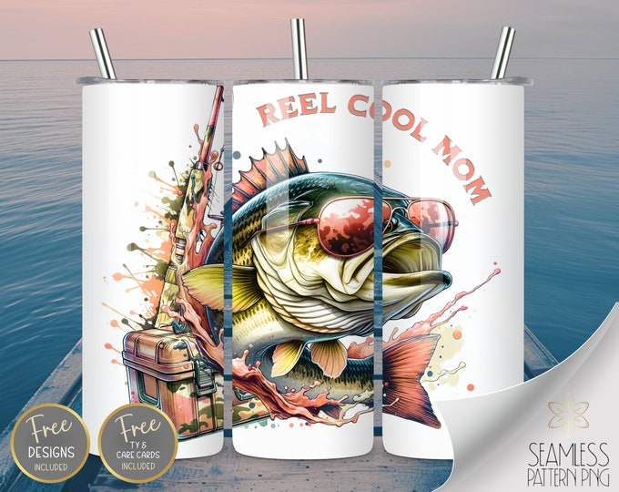 Reel Cool Mom PNG 20 oz Straight Tumbler Wrap Sublimation, Pale Pink Skinny Tumbler Design Files, Bass Fish Camo Image Instant Download