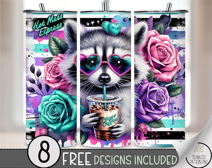 Funny Raccoon Tumbler Wrap, Sassy Sarcastic Raccoon Saying Png, Neon Sublimation Tumbler Design, Hot Mess 20Oz Tumbler Wrap,Coffee File A198