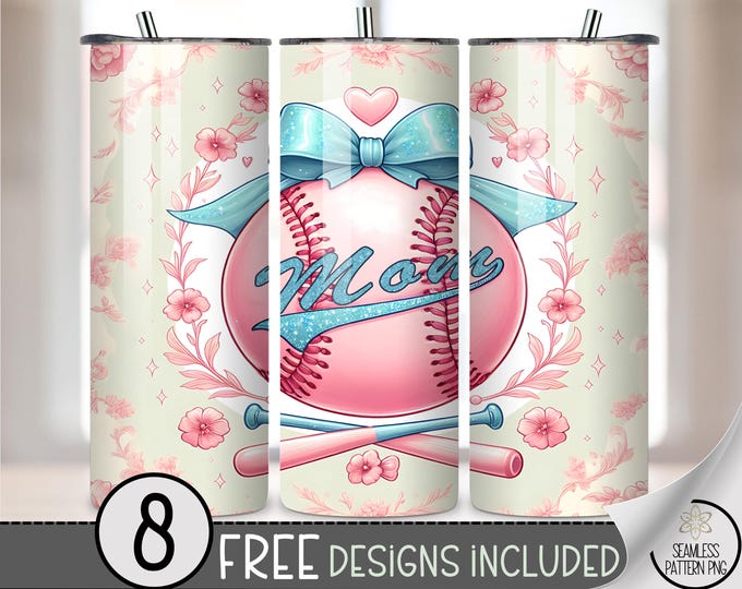 Baseball Mom Tumbler Wrap PNG, 20 oz Pink Glitter Softball Floral Bow Sublimation Design PNG, 20oz Sports Moms Tumbler Wrap PNG File, A367
