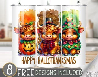 Happy Hallothanksmas Tumbler Wrap, Highland Cow Png 20oz Skinny Sublimation Tumbler Design, Hallothanksmas Png, Hallothanksmas Sublimation