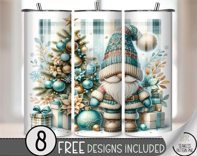 Cozy 20 oz tumbler wrap: Blue Gnome Holiday Design Digital Download Sublimation for Skinny Tumblers, Festive Christmas PNG Files A533
