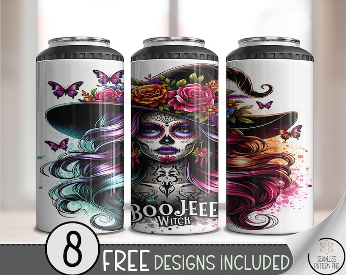 Day of the Dead Witch Skull Can Cooler Wrap, Colorful Butterfly Witch Design, Gothic Halloween 4-in-1 Can Cooler Wrap, A441