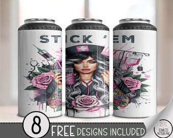 Funny Nurse PNG, Tattooed 4-in-1 Can Cooler Wrap, Edgy Gothic Sublimation Design, Retro Punk File, B919