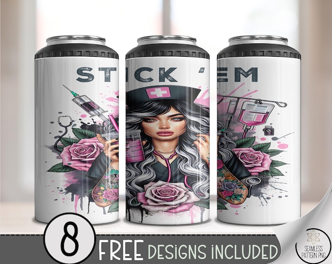 Funny Nurse PNG, Tattooed 4-in-1 Can Cooler Wrap, Edgy Gothic Sublimation Design, Retro Punk File, B919