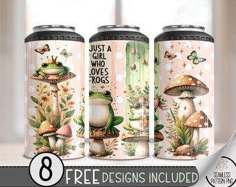 Cottagecore Mushroom Frogs 4in1 Can Cooler Wrap, Funny Frog 4 in 1 Tumbler Png, Just A Girl Who Loves Frogs  Hard Can Cooler PNG, A72