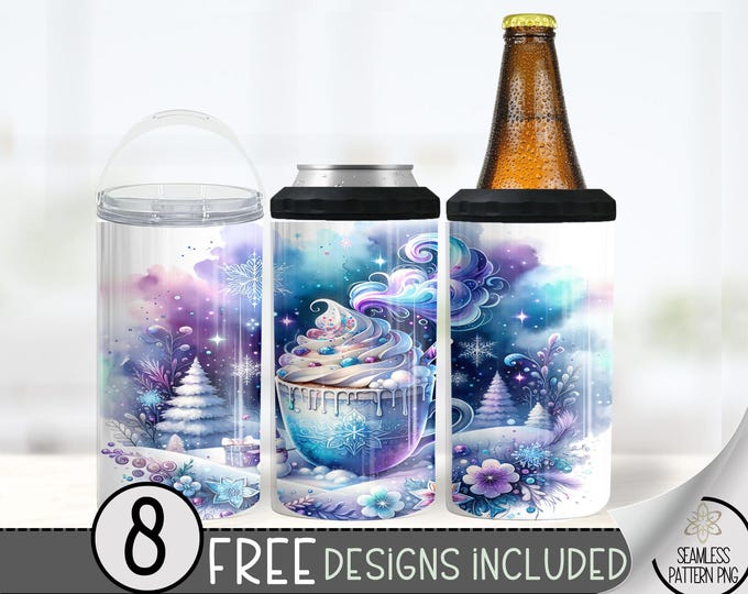Cocoa 4 In 1 Can Cooler Tumbler Wrap, Snow Winter Sublimation Design, Sleepy 16 Oz Slim, Floral 16 Oz Can Cooler Sublimation Design