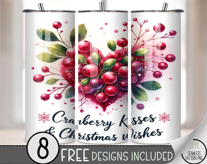 Christmas Kisses 20 oz Tumbler Wrap PNG, Festive Digital Download, Sublimation Cranberry Holiday A613