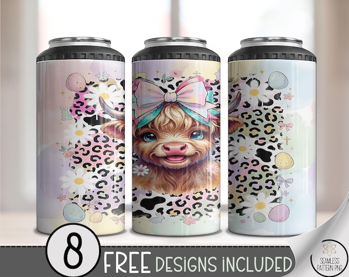 Coquette Cow PNG, 4-in-1 Can Cooler Wrap, Sweet Easter Cow, Sublimation Design, Digital Download, B10011