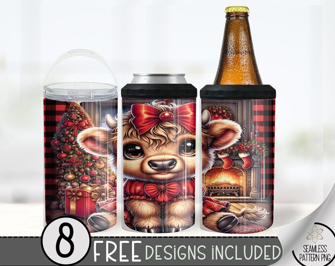 Christmas Highland Cow Can Cooler Wrap, Xmas 16 oz 4-in-1 Cooler Sublimation, Christmas 16Oz Tumbler File, Buffalo Check Holiday Design File