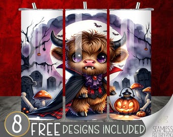Vampire Highland Cow Tumbler Design, Cute Vampire 20Oz Skinny Tumbler Wrap PNG, Cute Highland Cow Tumbler Sublimation Design, Graveyard