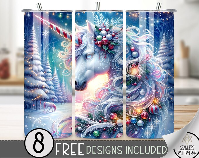 Christmas Unicorn Tumbler Wrap, Xmas Unicorn 20Oz Skinny Tumbler Digital Download PNG, Sparkly Pretty Unicorn Sublimation, Xmas Sublimation