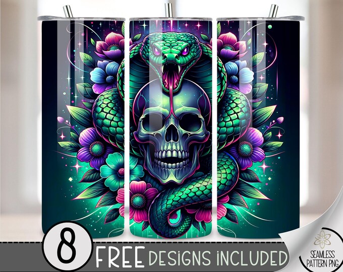 Gothic Skull And Floral Tumbler Wrap, Flower Snake 20oz Skinny Tumbler Sublimation Design, Striking Snake Tumbler Wrap File Scull PNG