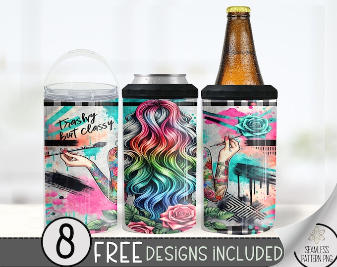 Seamless Trashy Classy Can Cooler Wrap, Funny 16 oz 4-in-1 Cooler Sublimation, Tattoo Girl 16Oz Tumbler File, Neon Can Cooler Design PNG