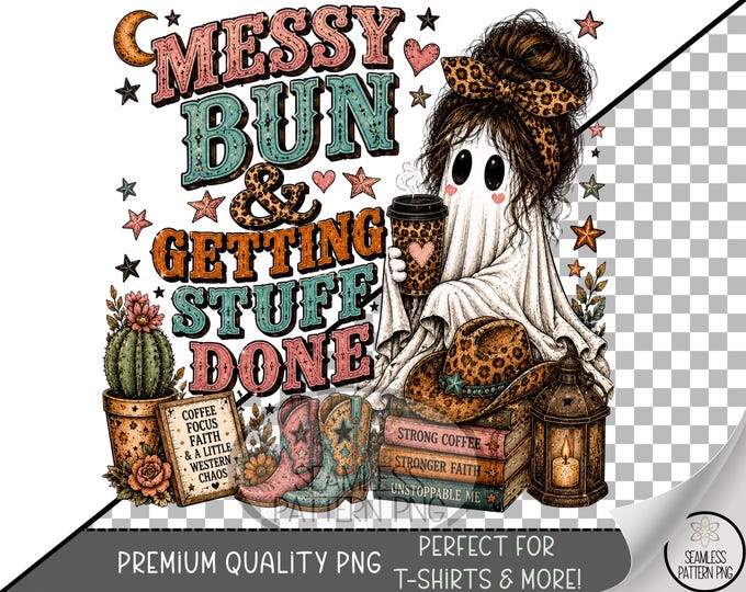 Halloween Sublimation Design, Messy Bun Ghost UV DTF Graphic, Spooky Clip Art, Digital Download, B10395