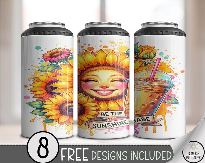 Sunflower Smiley Can Cooler Wraps, Vibrant Sunflower Wrap, Positive Inspiration 4in1 Can Cooler Wrap  Set of 8 A452