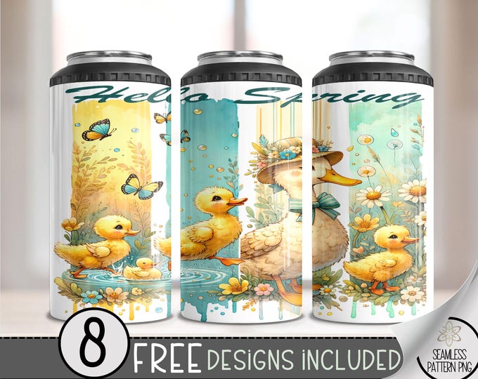 Hello Spring 4 in 1 Can Cooler Wrap, Cute Duck 4in1 Tumbler PNG, Brushstroke 16 Oz Can Cooler Sublimation Design, Spring Flowers PNG, A161