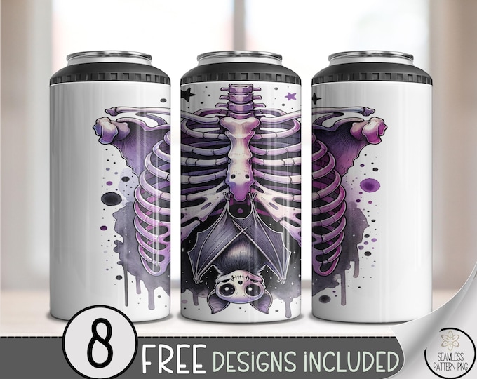 Skeleton Bat Tumbler Wrap 4-in-1, Pastel Goth Ribcage PNG, Spooky Cute Purple Sublimation Design, Halloween Can Cooler Wrap, A384