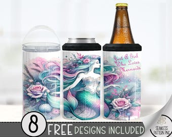 Mermaid Can Cooler Design, Mermaid Sublimation Design, Watercolor Mermaid 4 In 1 Can Cooler,Under The Sea Can Holder Design Summer Wrap A180