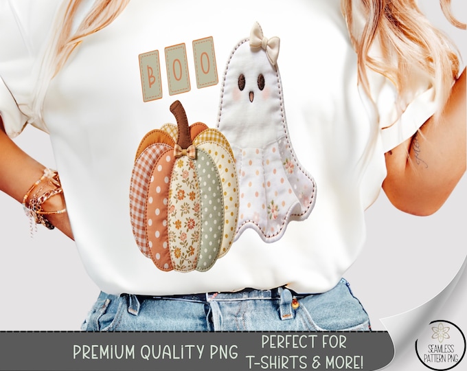 Halloween Ghost T-shirt PNG, Pumpkin Sublimation Design, Spooky DTF Shirt Graphic, Faux Patchwork TShirt File, Digital Download, B10161