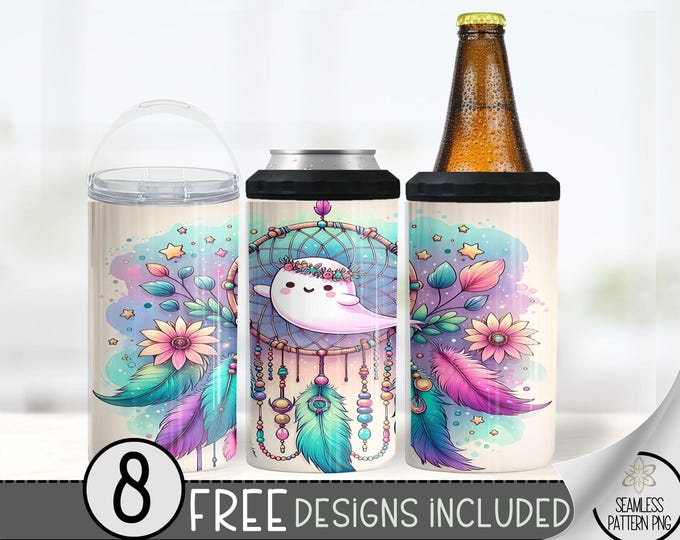 Boho Ghost Dreamcatcher Floral 4in1 Can Cooler Wrap, Floral 4 in 1 Tumbler PNG, Seamless Ethereal 16 Oz Can Cooler Sublimation Design,Hippie