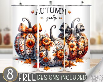 Autumn girly tumbler wrap, Cute pumpkin tumbler wrap, autumn pumpkin 20 oz tumbler design, Coquette tumbler PNG, Girly fall tumbler file