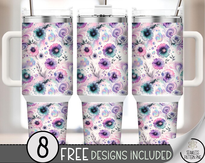 Seamless 40 oz tumbler wrap: Iris Floral Sublimation Design, Pastel PNG Files, Vibrant Flower Pattern, Printable File A569