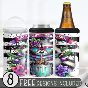 Christmas Stay Trashy Raccoon Can Cooler Wrap, Funny Raccoon 16 oz 4-in-1 Cooler Sublimation, Xmas 16Oz Tumbler File,Neon Can Cooler Design