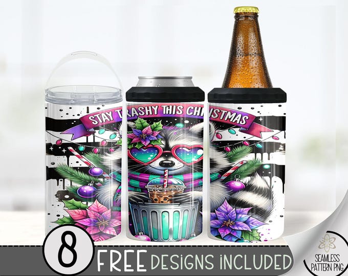Christmas Stay Trashy Raccoon Can Cooler Wrap, Funny Raccoon 16 oz 4-in-1 Cooler Sublimation, Xmas 16Oz Tumbler File,Neon Can Cooler Design