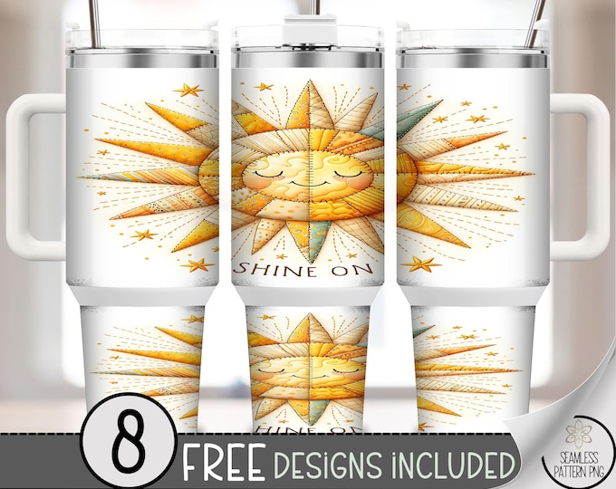 Faux Patchwork 40 oz Tumbler Wrap PNG, Smiling Sun Patch, Digital Download Cute Summer Sublimation Design, A711