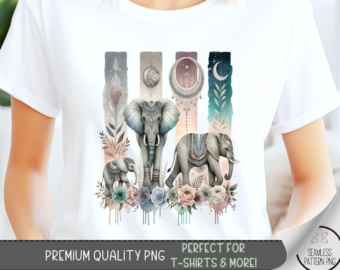 Elephant T-shirt Design, Magical Pastel Elephant tshirt Design, Boho Tshirt PNG,Floral Moon PNG Design,Jungle Animal Sublimation Design, A53
