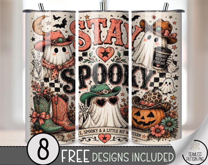 Halloween 20 oz Tumbler Wrap, Spooky Western Sublimation Design, Cute Ghost PNG Files, Digital Download, B10337