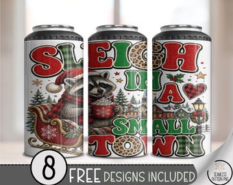 Christmas Raccoon 4in1 Can Cooler Wrap, Festive Sleigh Sublimation Design, Digital Download, B10502