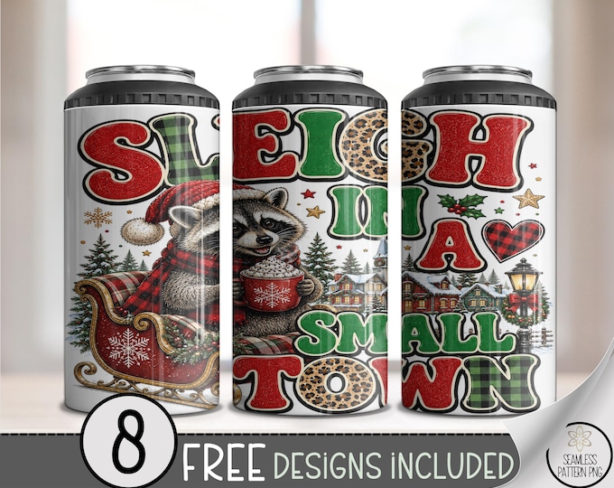 Christmas Raccoon 4in1 Can Cooler Wrap, Festive Sleigh Sublimation Design, Digital Download, B10502