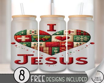 I Love Jesus Glass Can Wrap, Cozy Patchwork 16oz Glass Tumbler Sublimation Design, faith-based PNG File, A506