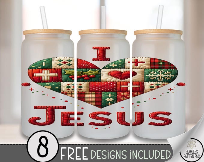 I Love Jesus Glass Can Wrap, Cozy Patchwork 16oz Glass Tumbler Sublimation Design, faith-based PNG File, A506