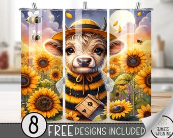 Cute Highland Cow Tumbler Wrap, Honey Bee Tumbler File, Bee Tumbler Wrap, Bee Sublimation Design, Sunflower Tumbler PNG,Cute Cow Sublimation
