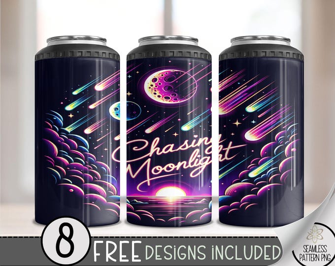 Chasing Moonlight Can Cooler Wrap, Neon Moon 16 oz 4-in-1 Cooler Sublimation, Celestial 16Oz Tumbler File, Outer space Can Cooler PNG