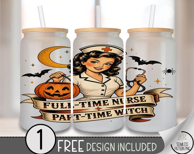 Halloween Nurse Glass Can Wrap, Spooky Witch 16oz Tumbler Sublimation Design PNG, Digital Download, B10548