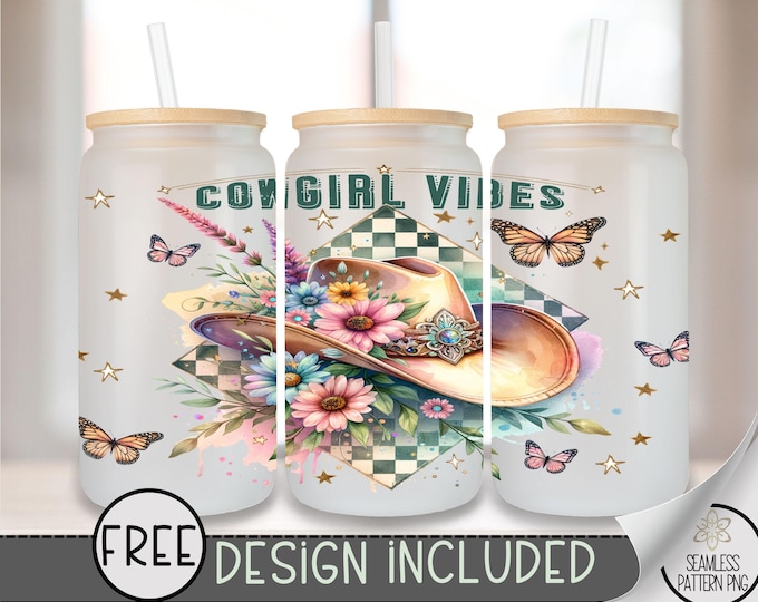 Cowgirl Vibes Glass Can Wrap PNG, Country Cowgirl Hat File, Floral Western Clipart for Sublimation Design, A366