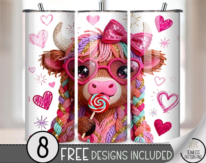Highland Cow 20 oz Tumbler Wrap, Faux Yarn Sublimation Design for Straight Tumblers, Pink PNG Files, Digital Download, B10246