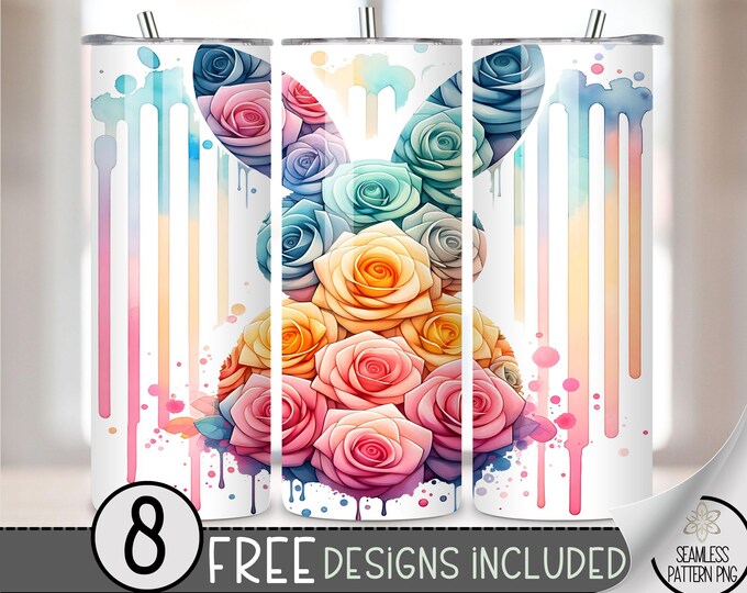 Floral Easter 20oz PNG Tumbler Wrap, Cute Bunny Design, Sublimation Download for 20oz Skinny Tumblers, Funny Bunnie Digital File, A128