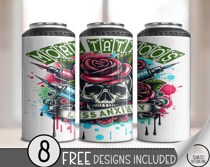 More Tattoos Less Anxiety 4-in-Can Cooler Wrap PNG, Witty Mental Health Design, Digital Download for Sublimation, A839