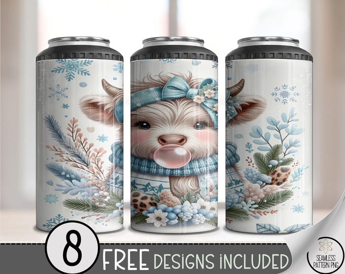 Winter Highland Cow 4in1 Can Cooler Wrap, Cute Sublimation Design, Pastel 16 oz 4-in-1 File, Festive Cozy Animal Png Print B852