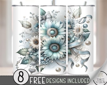 Blue Coquette Sunflowers Tumbler Wrap, Grandmillenial 20oz Skinny PNG, Blue Bow Glitter Sublimation Design, Glitter Flowers Digital Download