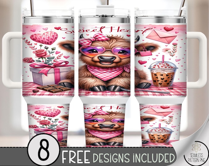 Sweetheart Cow 40 oz Tumbler Wrap PNG, Cute Highland Heifer Valentine, Rustic Pink Design for Women, Digital Download, Sublimation, B721