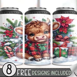Cute Highland Cow Can Cooler Wrap, Xmas 16 oz 4-in-1 Cooler Sublimation, Christmas 16Oz Tumbler File, Buffalo Check Holiday Design File PNG