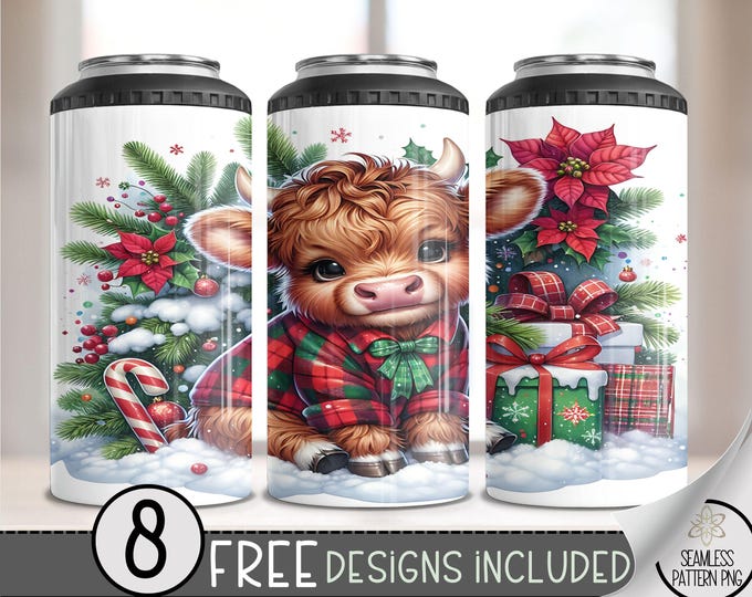 Cute Highland Cow Can Cooler Wrap, Xmas 16 oz 4-in-1 Cooler Sublimation, Christmas 16Oz Tumbler File, Buffalo Check Holiday Design File PNG