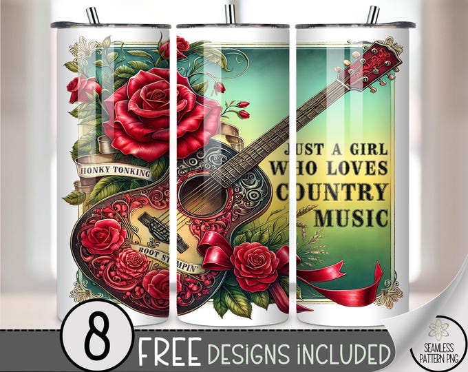 Just a Girl Who Loves Country Music Tumbler Wrap PNG, 20 oz Guitar Rose Wrap, Western Cowgirl Sublimation Design, A286