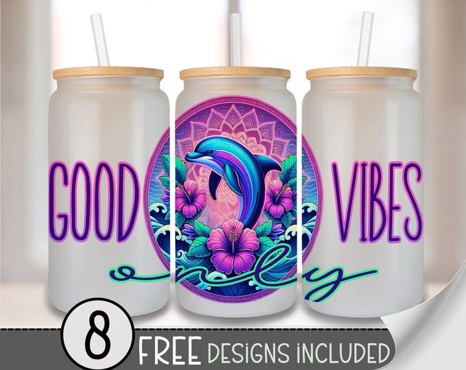 Dolphin Glass Wrap, Sea Ocean 16 Oz Glass Can Wrap PNG, Coastal Boho Floral Glass Can Sublimation Wrap Design, Good Vibes Neon Mandala, A225